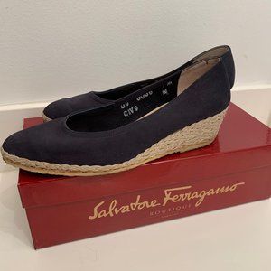 Vintage Ferragamo Navy Espadrille Wedges